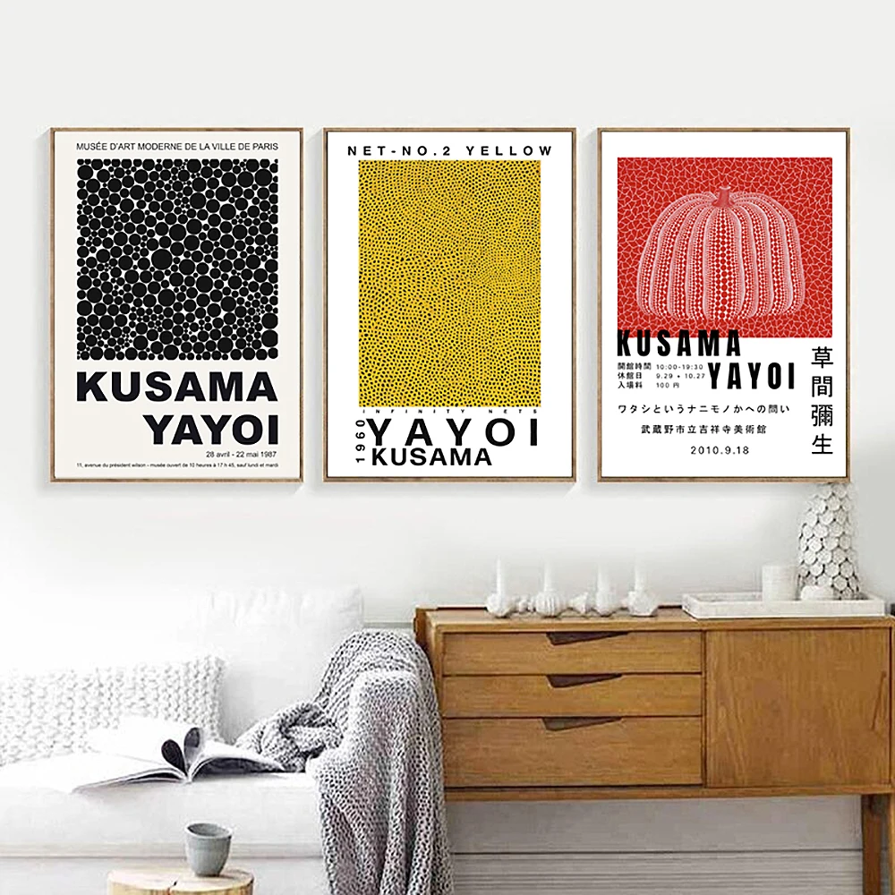 Yayoi Kusama Abstrakter Punkt, kreisförmige Leinwand, Wandkunst, Poster, Druck, Wohnzimmer, Heimdekoration, Ausstellungsbild