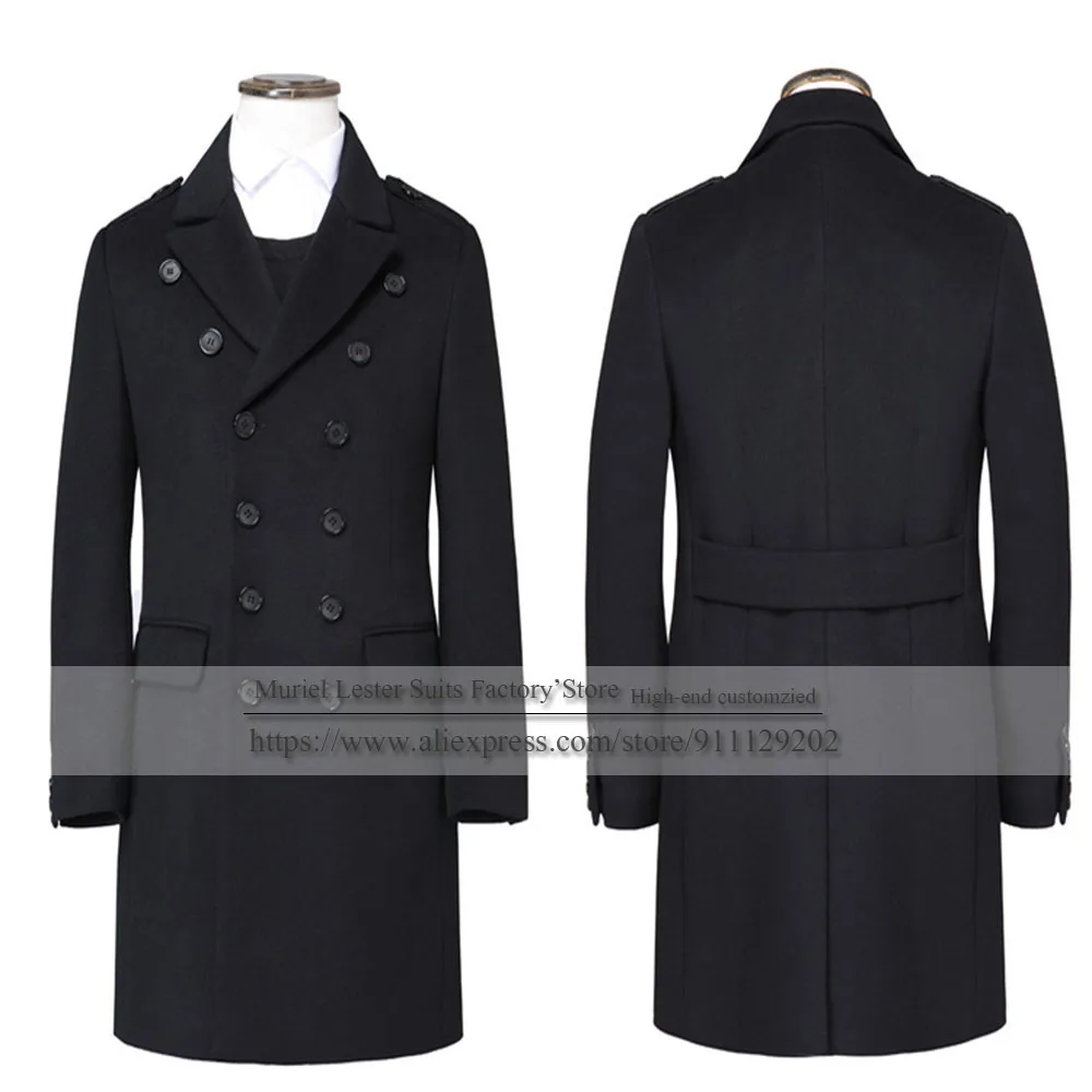 Black Trench Coat Men Winter Suits Jacket Double Breasted Tweed Wool Blend Thick Groom Blazer Customized Long Overcoat Outfit