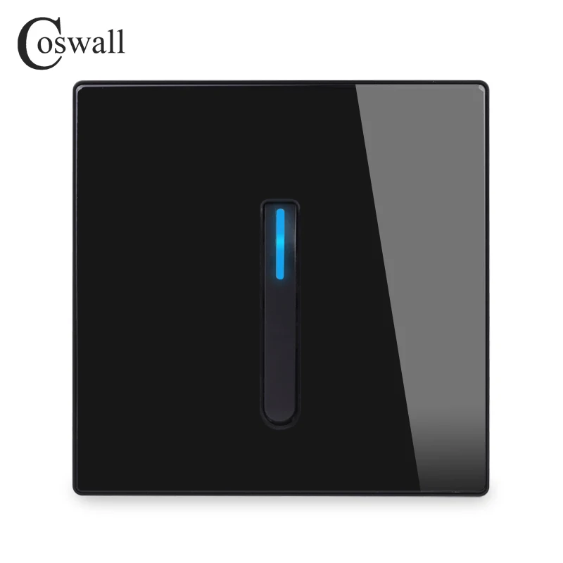 COSWALL 1/2/3/4 Gang 1/2 Way Piano Key Design On / Off Wall Light Switch Backlight Data CAT6 HDMI USB Charging Glass Panel Black