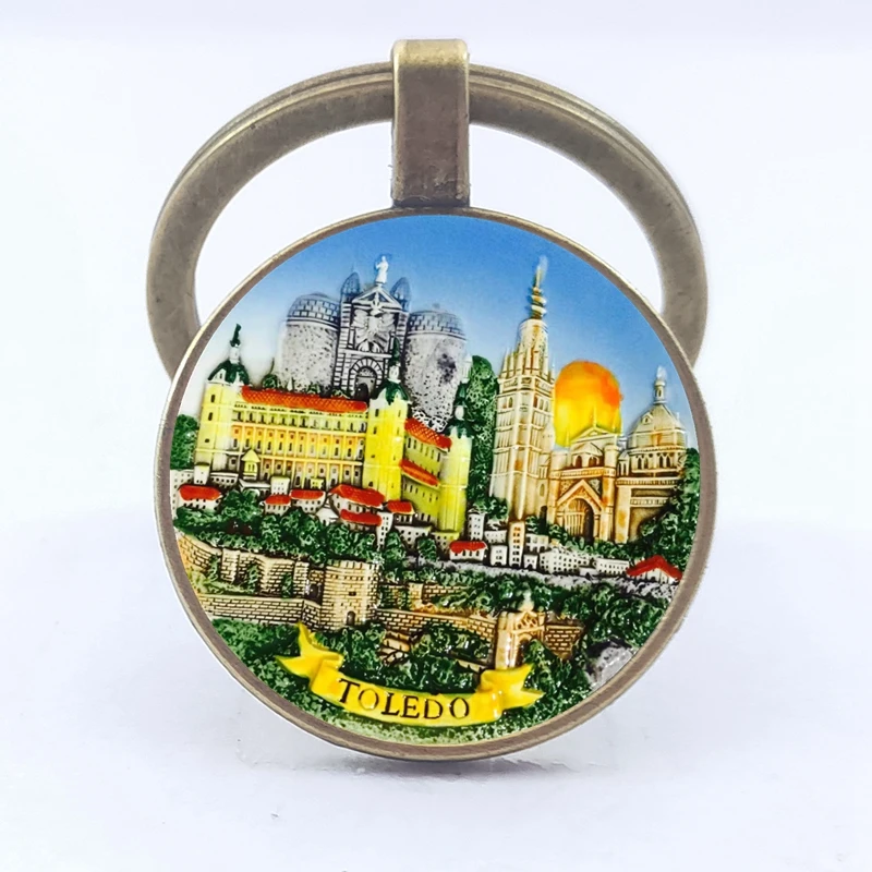 Charm 25MM Keychain Europe Mediterranean Greece Spain France Glass Drawing Keychain Men and Women Jewelry Gifts