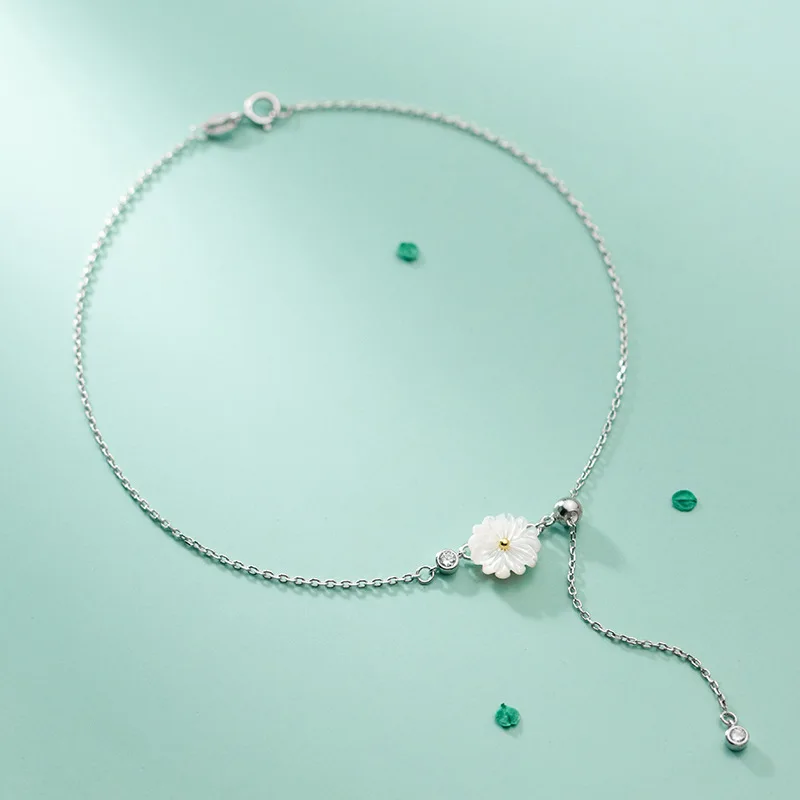 White Daisy Anklet 925 Silver Foot Chain Decorations Sterling Bracelet On The Leg Female Jewelry 2021 Summer Woman Long 29CM