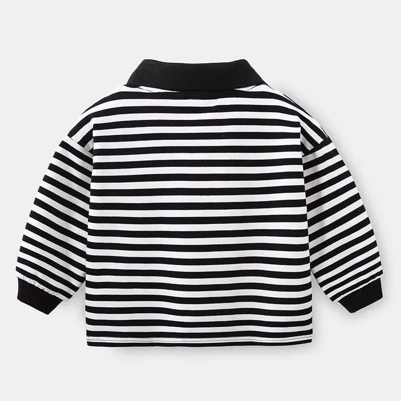 2024 Spring Autumn 2 3 4 5 6 7 8 10 Years School Children Cotton Turn-Down Collar White Black Striped T-shirt For Baby Kids Boys