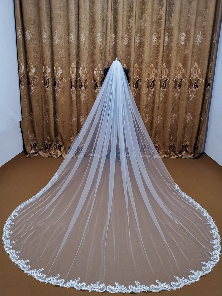 Echt Fotos Weiß/Elfenbein Hochzeit Schleier 5 Meter Lange Kamm Spitze Mantilla Kathedrale Braut Schleier Hochzeit Zubehör Braut Veu