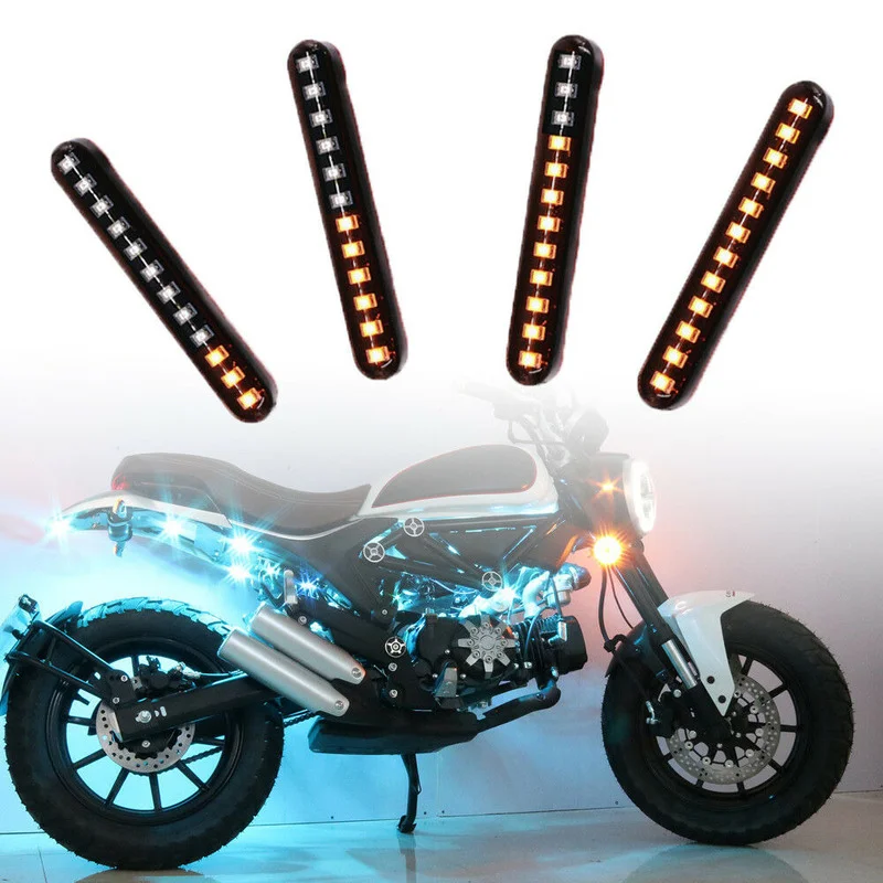 Universal Motorcycle Turn Signal Lights Sequential Flowing 12 LED Strip Amber Waterproof Indicator Amber Lamp Moto Turn Signal