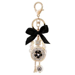 Imitation Pearl Perfume Crystal Bottle Iron Tower Chain Bow Keychain Car Key Ring Bag Charm Women Girl Keyring Gift Jewelry