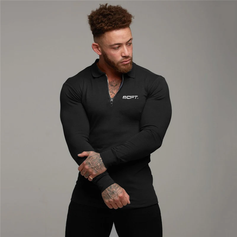 Fashion Long Sleeve Zipper Mens Polo Shirts Lapel Neck Polo Shirt Men Slim Fit Tops Tee Bodybuilding Men's Polos Gym Clothing