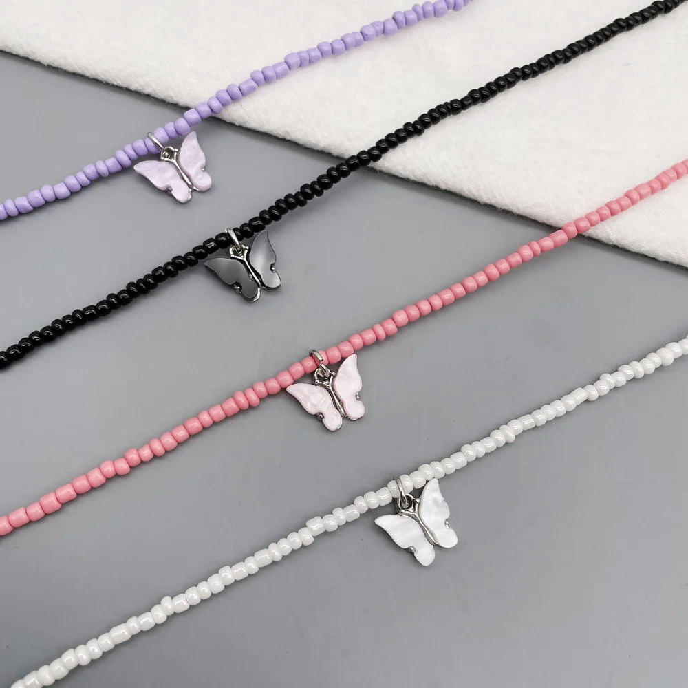 2021 New Cut Butterfly Pendant Necklace For Women Girls Boho Seed Beads Strand Women Necklace Jewelry For Vacation Beach Gift