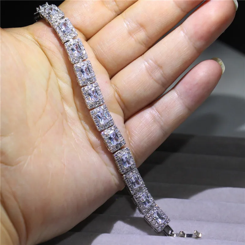 

Classical Fashion Jewelry 10KT White Gold Fill Princess Cut White AAAAA Cubic Zircon Popular Women Wedding Bracelet Gift