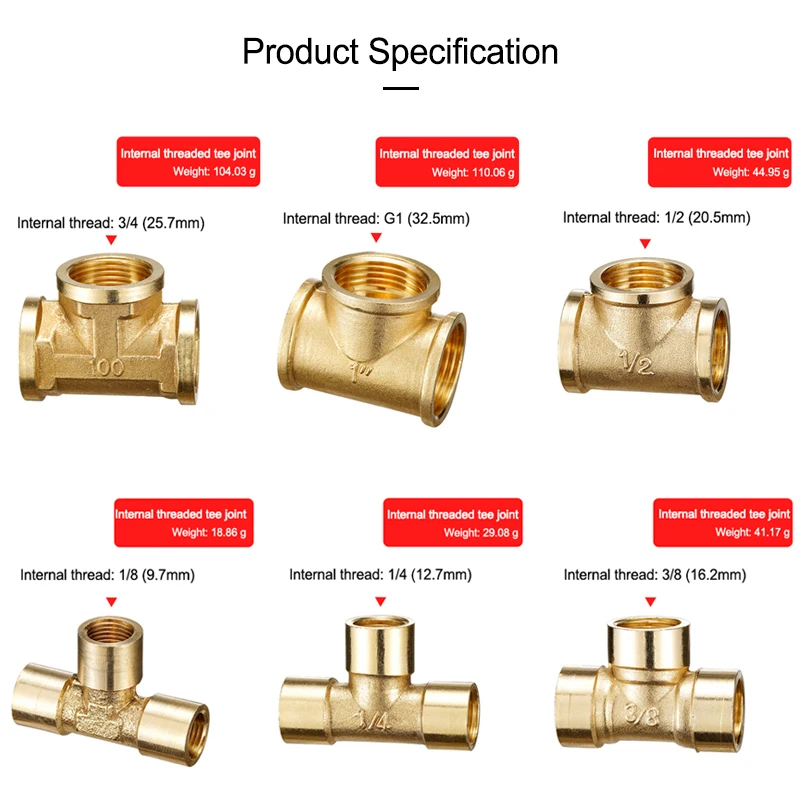 Empalmador de latón en forma de T, Conector de púas de cobre, adaptador de acoplador de aire, agua y aceite, manguera de 3 vías, 1/8, 1/4, 3/8, 1/2"