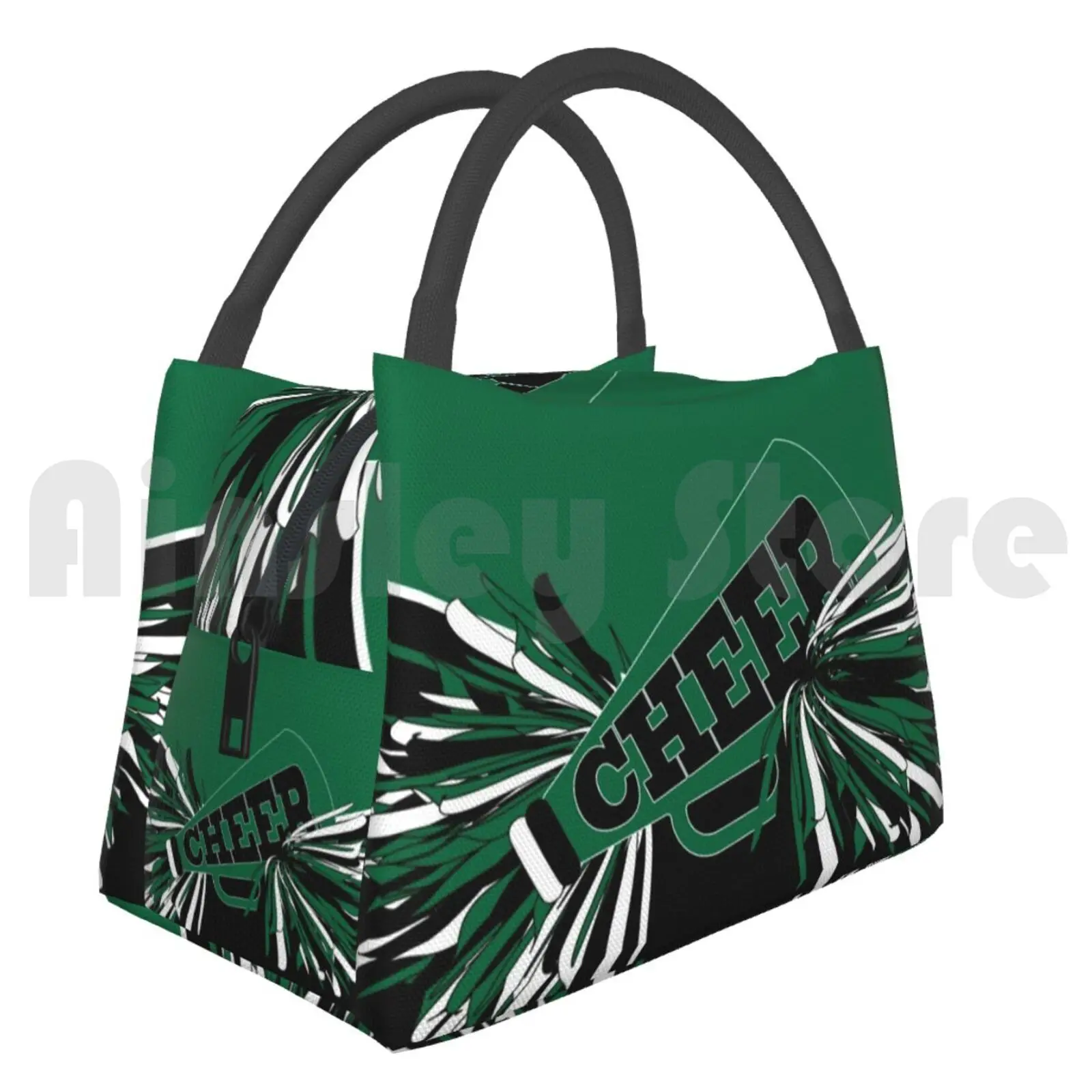 Cooler Lunch Bag Picnic Bag Dark Green Cheerleader Dark Green Cheer Cheerleader Black White Pom Poms Megaphone