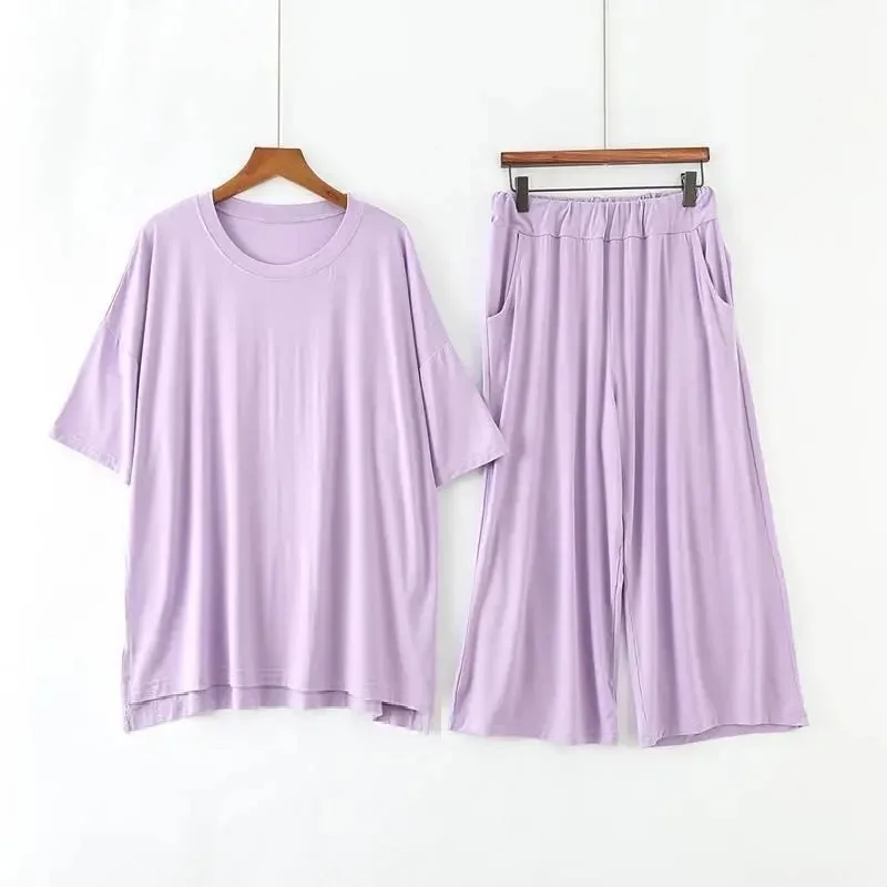 

Plus Size 7XL 150KG Women Modal Pajamas Sets Spring Summer Short Sleeve Top and Calf-Length Pants Women Soft Sleepwear Suit