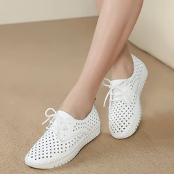 Mocassins creux en cuir véritable pour femmes, chaussures de bateau en toile, chaussures blanches à lacets, baskets uro décontractées pour dames, 600