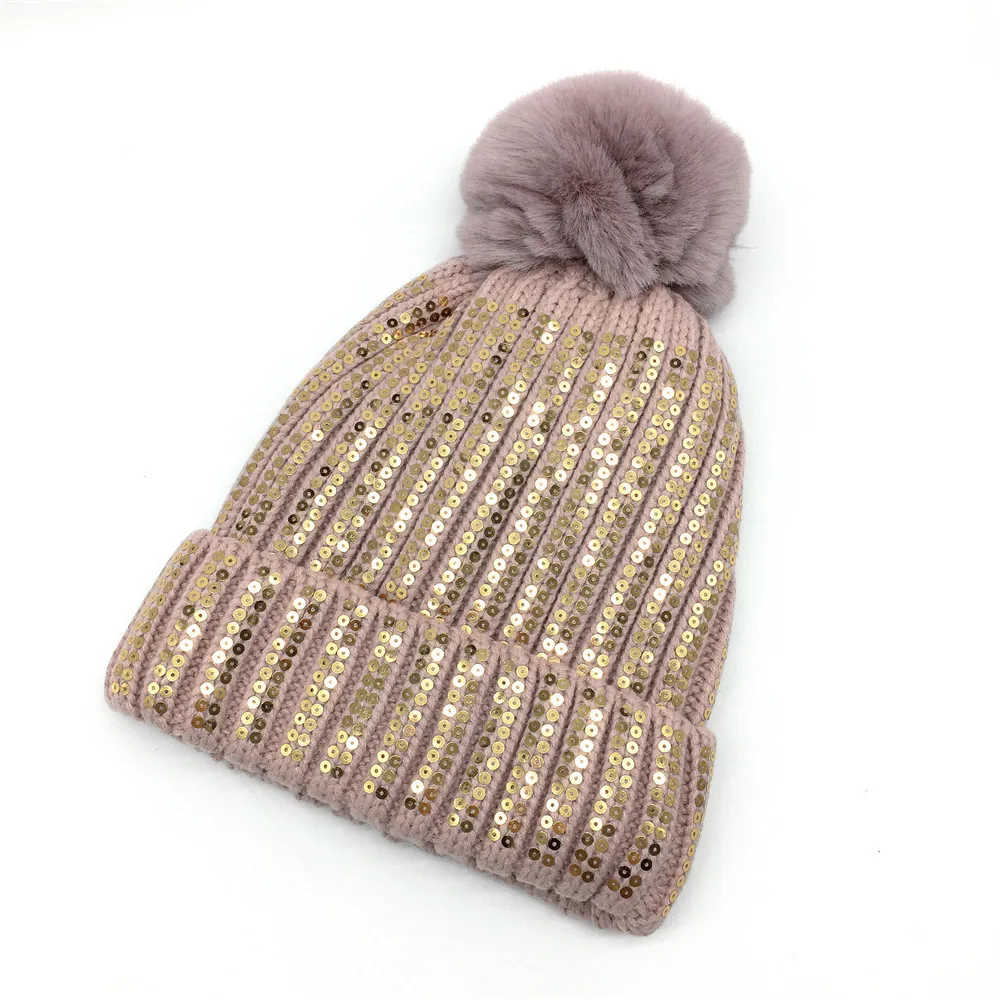 Sequins Beanie for Women Girls Warm Winter Hat Ribbed Brown White Pink Hat Faux Fur Pompom Beanie with Soft Lining