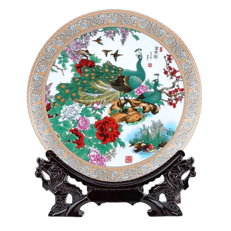 

Jingdezhen Ceramics Peacock Peony Flower Decoration Plate Hanging Plate Home Furnishing Modern Fashion Decoration Crafts