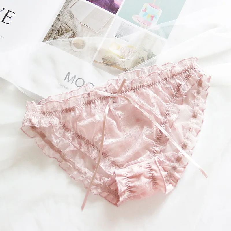 Sexy Mesh Lace Transparent Ruffle Women Underwear Star Print Soft Thin Girl Panties Low Waist Cute Lovely Sweet Female Breifs