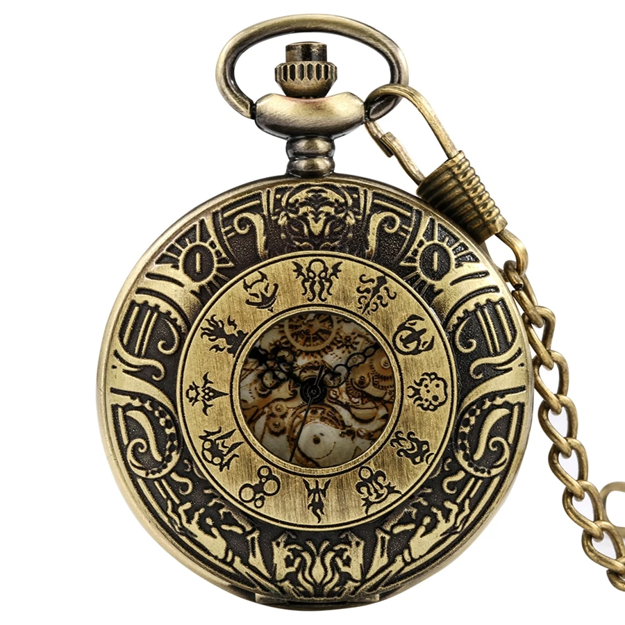 3D Sculpture Designer Antique Bronze Retro Hollow Gear Skeleton Pocket Watch Pattern Dial Alloy Clock Chain Jewelry Thick Waist