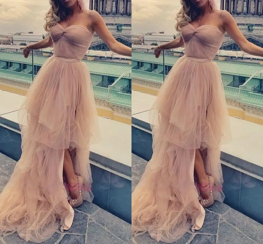 Fashion New Bean Pink Sweetheart Ruched Asymmetry Prom Dress 2025 High Low Tulle Formal Evening Gowns vestidos de festa