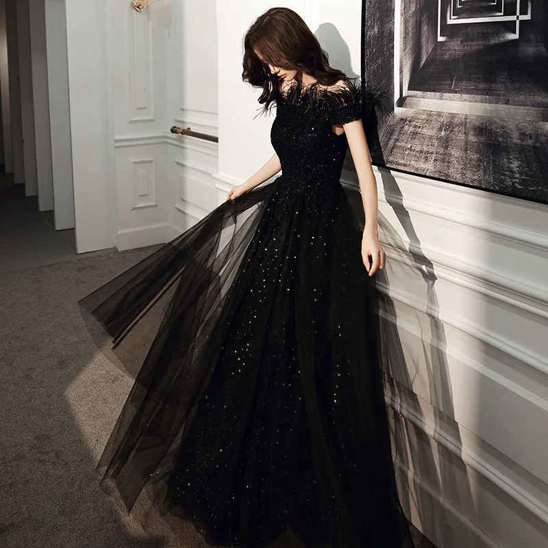 Black Off-Shoulder Evening Dresses Sexy Tulle Floor-Length Exquisite Sequins Beading Party Gown Robe De Soiree