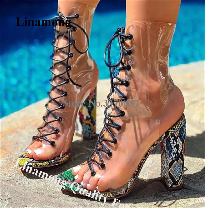 

Linamong Summer Peep Toe PVC Patchwork Snake Leather Thick Heel Short Gladiator Boots Lace-up Clear Transparent Ankle Booties