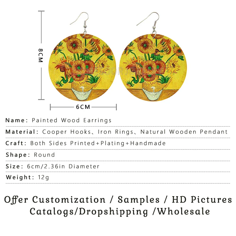 SOMESOOR Van Gogh Self Portrait Artistic Printed Wooden Drop Earrings Starry Night Sunflower Loops Dangle Jewelry For Women Gift