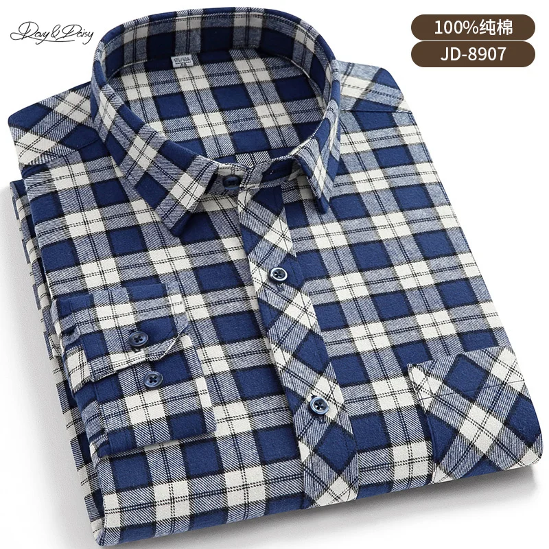 2021 New Men Shirt Long Sleeve High Quality 100% Cotton Business Casual Cloth W/Pocket Plus size 5XL 6XL Gingham Plaid DA465