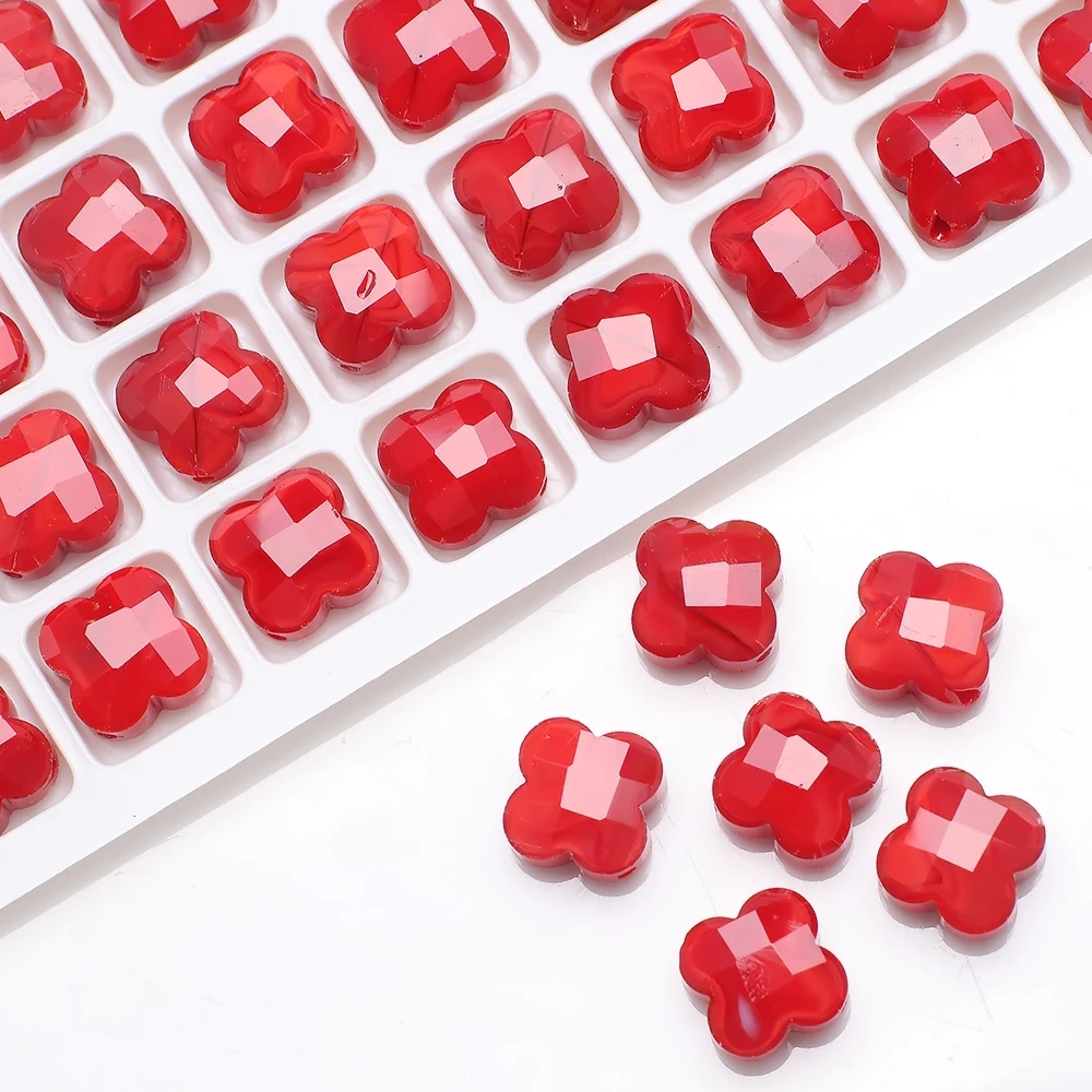 30Pcs/Lot Four-leaf Clover Beads Glass Cross Beads 12mm Charm Crystal Red Pendant For Diy Making Jewelry Needlework Accessories