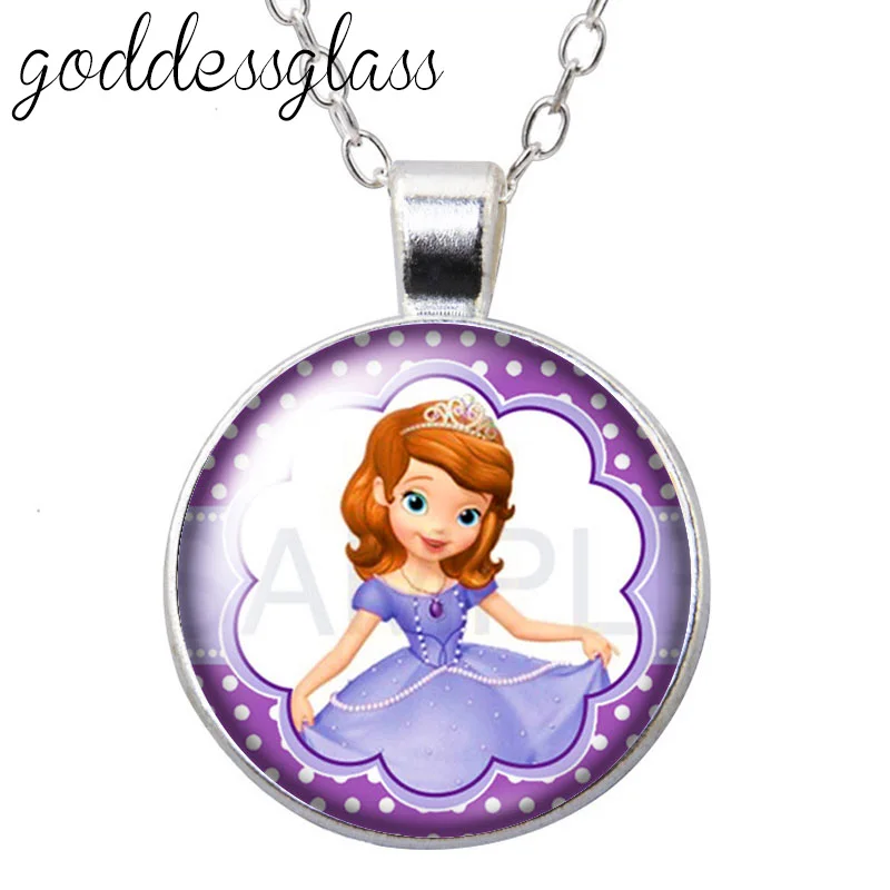 هدية الأميرات صوفيا للبنات كابوشون زجاجي مطلي بالفضة/قلادة كريستالية مجوهرات للأطفال