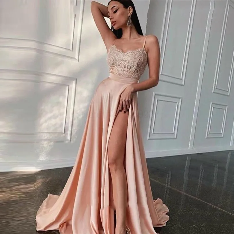 Champagne Prom Dresses Kant Applicaties Spaghettibandjes Hoge Split Formele Party Clubbing Verjaardag Graduation Gowns