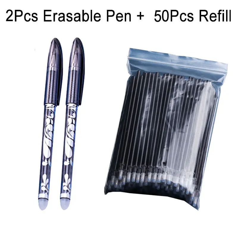 Juego de 50 + 2 bolígrafos de Gel borrables con tinta azul, negra y roja de 0,5mm, recambio de pluma borrable, mango lavable, papelería escolar para escritura