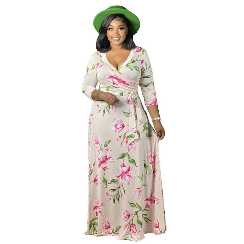 5xl Plus Size Dresses Women Clothing Elegant Fall Maxi Floral Dress with Sashes Ladies Long Sleeve Dress Dropshipping Wholesale