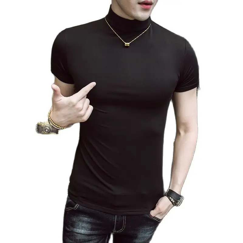 2023 Summer Men Short Sleeve Turtleneck Slim Fit T-shirt Male Solid Black White Tees Shirts Lovers Tshirt