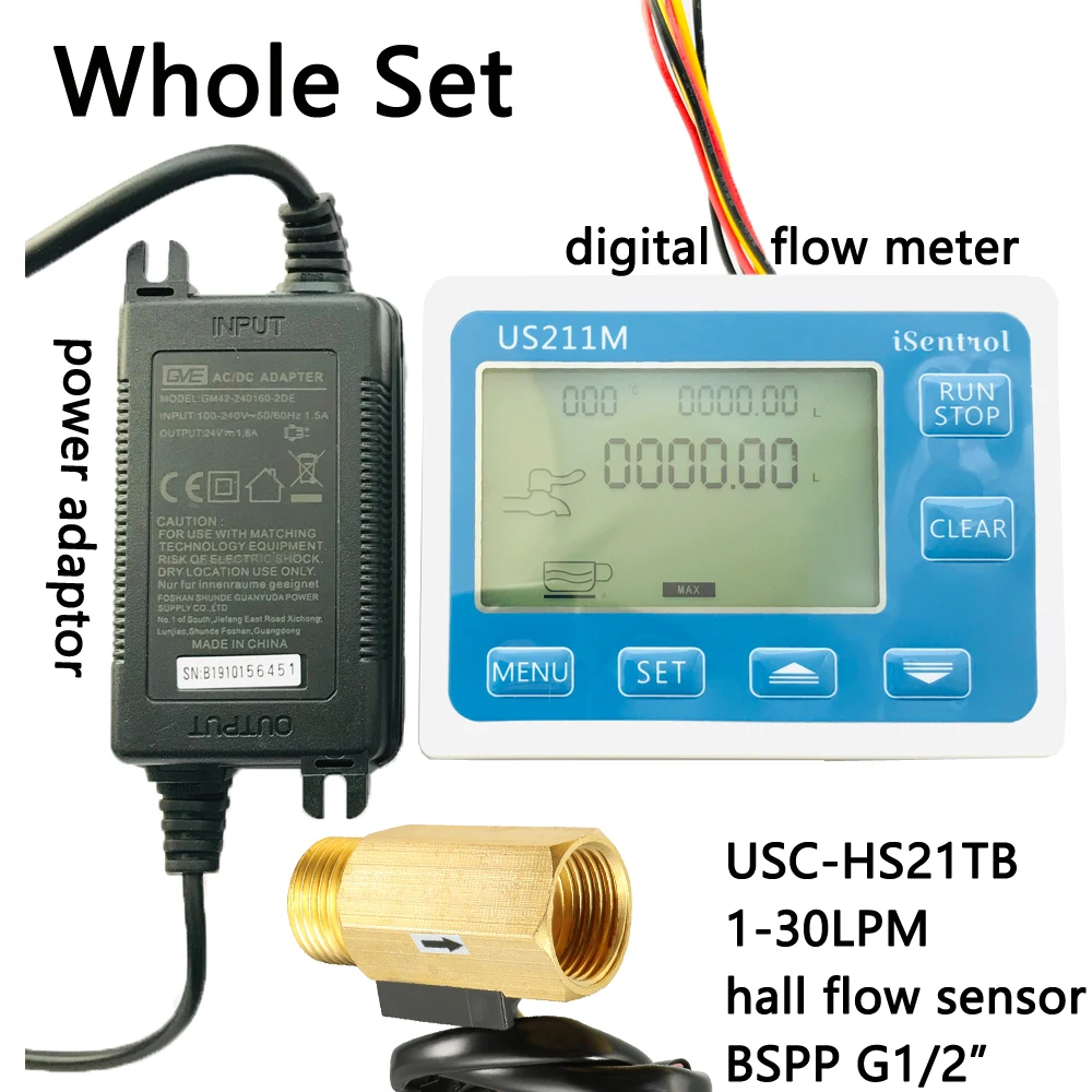 US211M Water Flow Meter Hall Water Flow Sensor Reader with Brass USC-HS21TB 1-30L/min hall water flowmeter