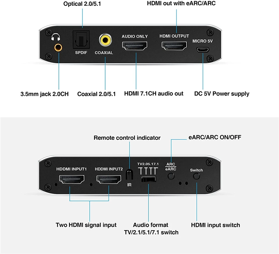 2x1 4K 120Hz przełącznik HDMI eARC ekstraktor Audio łuk i optyczny Toslink HDMI 2.0 przełącznik 4K przełącznik HDMI er pilot do Apple TV PS4