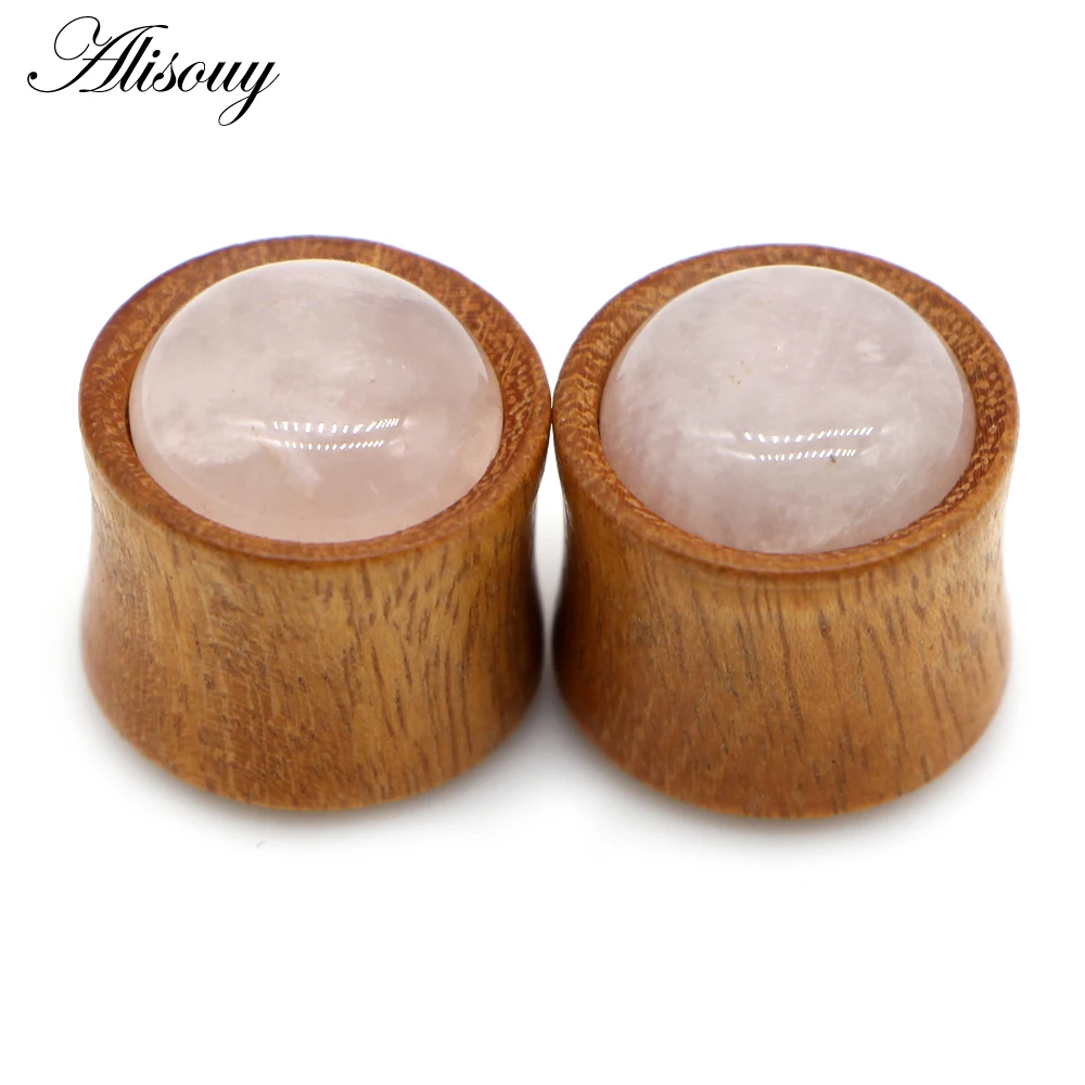 Alisouy 2pcs Inlay Stone Wood Retro Ear Tunnel Plug Flesh Gauges Earrings Double Flared Expender Stretcher Body Piercing Jewelry
