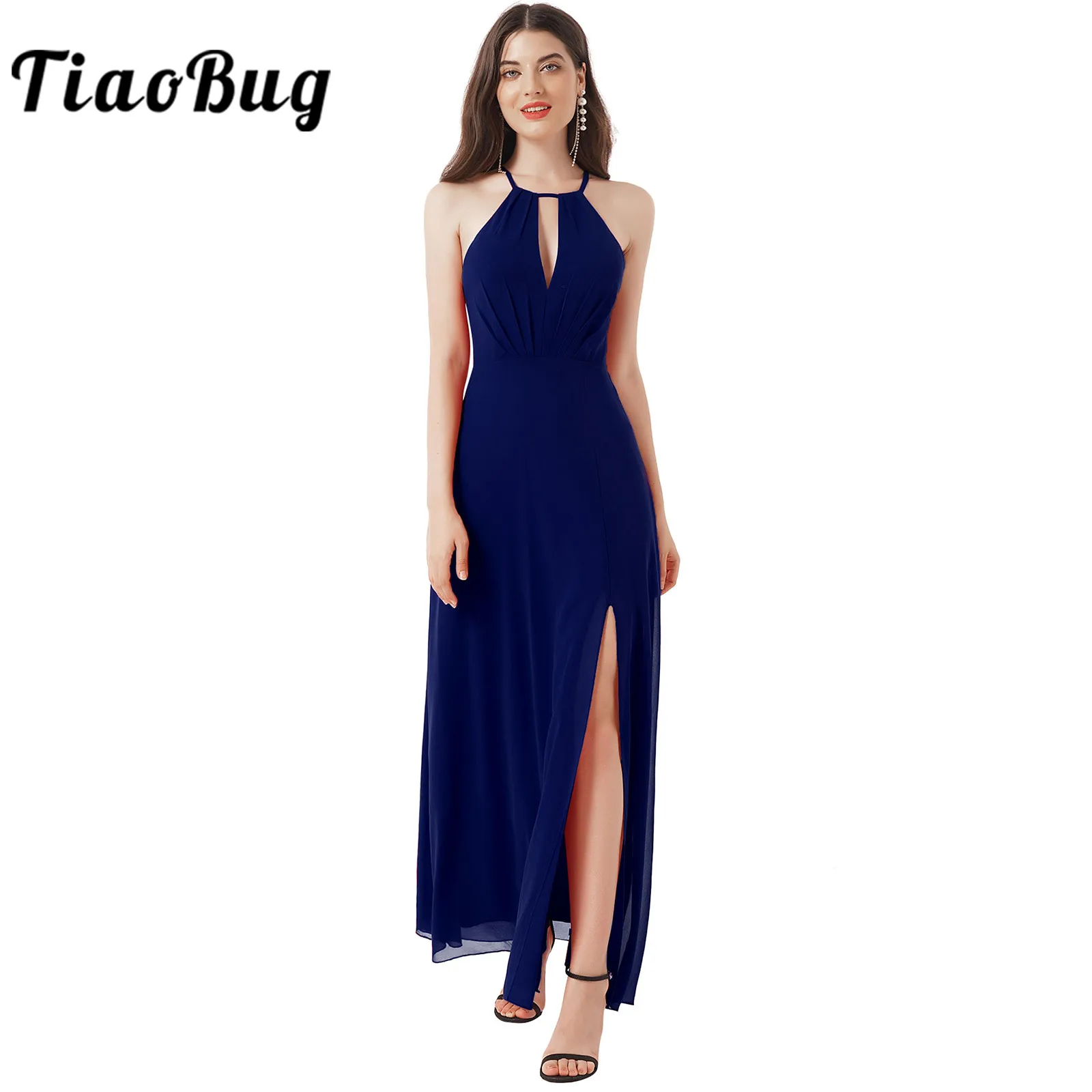 Chiffon Bridesmaid Dresses Side Slit Women Halter Neck Backless Maxi Dress Robe Women's Long Dress Party Wedding Costume Vestido