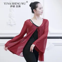 Women Chinese Folk Dance Wear Sexy Transparent Mesh Blouse Classical Dance Top With Long Flared Sleeve Solid Color Loose 2XL New