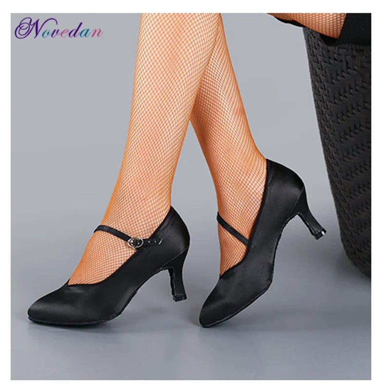 Women Standard Dance Shoes Tan Satin High Low Heel Ladies Ballroom Dance Shoes Soft Outsole Modern Dance Shoes