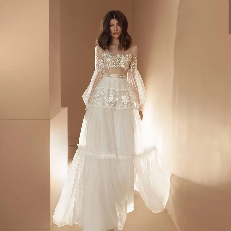 Robe de Mariée de Luxe à Col Rond avec Plis Style Boho, Ligne A, Manches sulfLanterne, Sexy, Élégante, pour Patients, Quelle que soit la Longueur au Sol, 2024