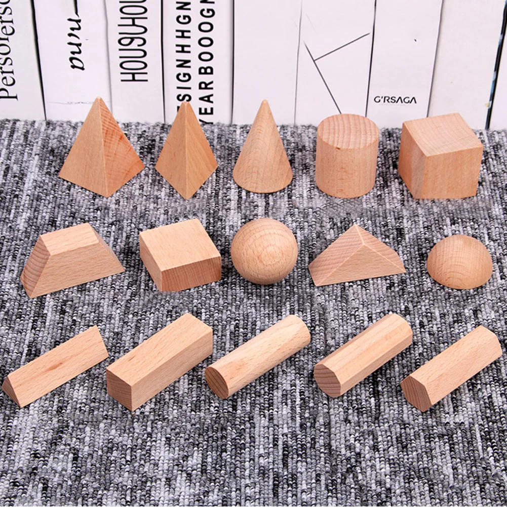 15 Pcs Wooden Blank 3D Geometry Solid Blocks Kids Learning Math Educational Toy