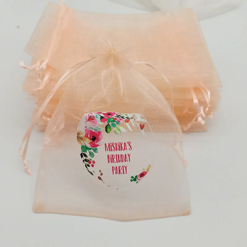 100pcs 사용자 정의 로고 샴페인 컬러 인쇄 Drawstring Organza 선물 가방 작은 주머니 보석 포장 메이크업 가방