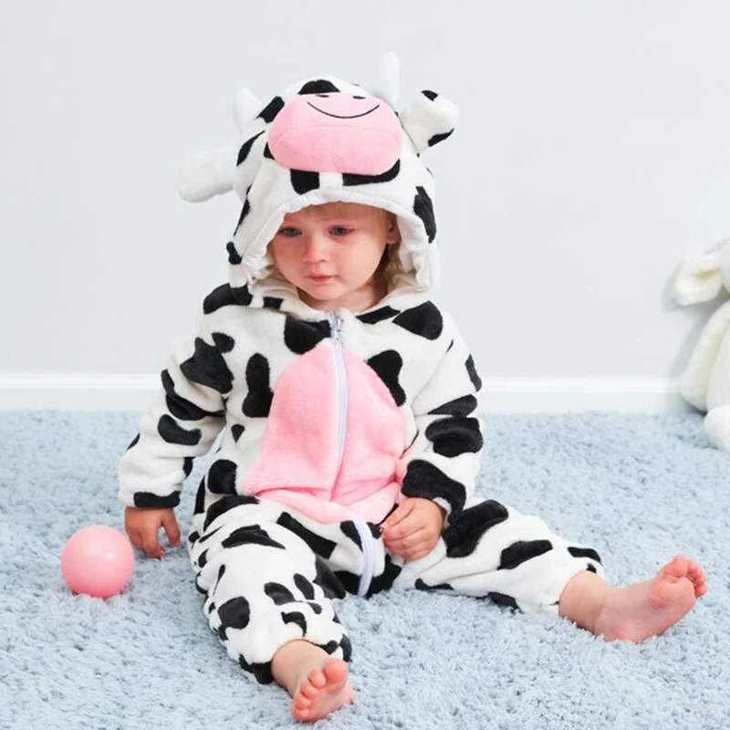 Hot Kawaii Baby Cow Autumn Animal Pajamas Long Sleeve Cute Anime Rompers Hooded For Boys Girls  Warm Cotton Jumpsuit Clothes