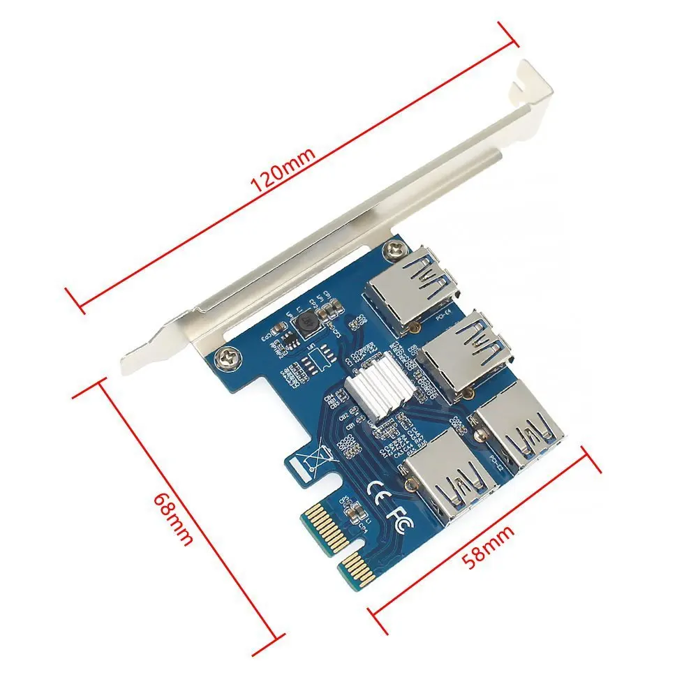 

PCIe 1 to 4 PCI-Express 16X Slots Riser Card PCI-E 1X to External 4 PCI-e USB 3.0 Adapter Multiplier Card for Bitcoin Miner