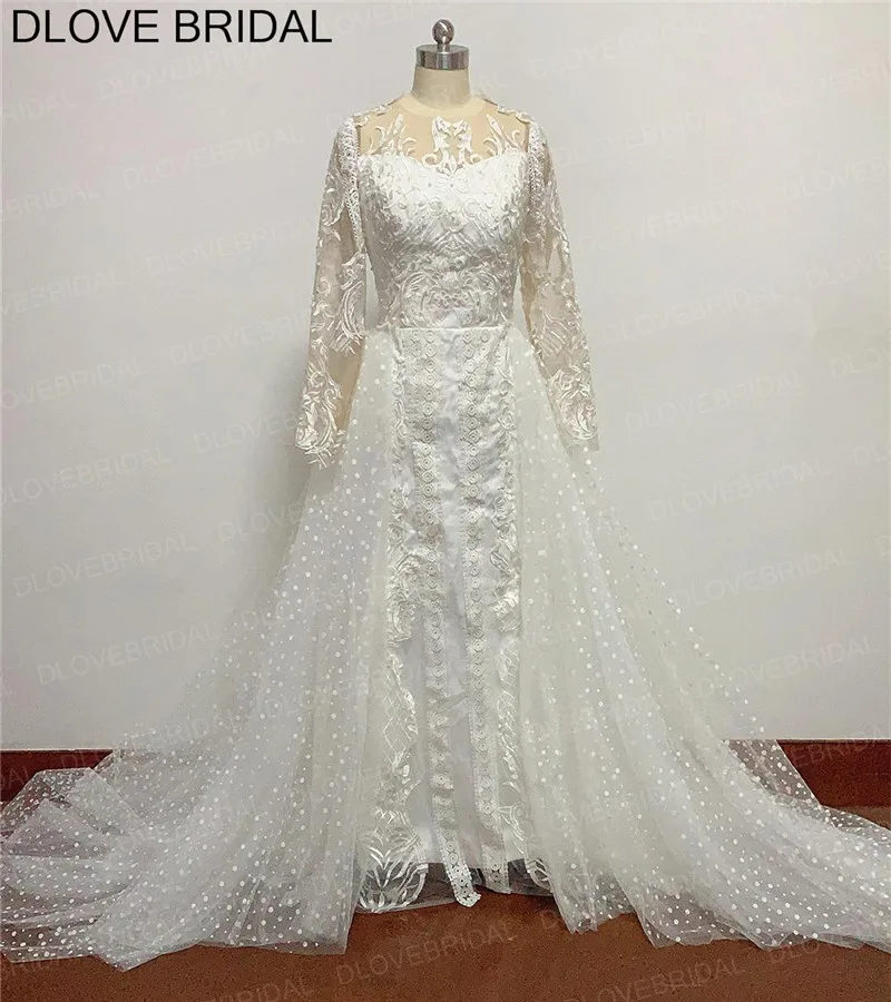 Stunning Detachable Wedding Dress with Long Sleeves High Quality Heavy Beaded Ivory Lace Bridal Gown Covered Buttons Real Photos