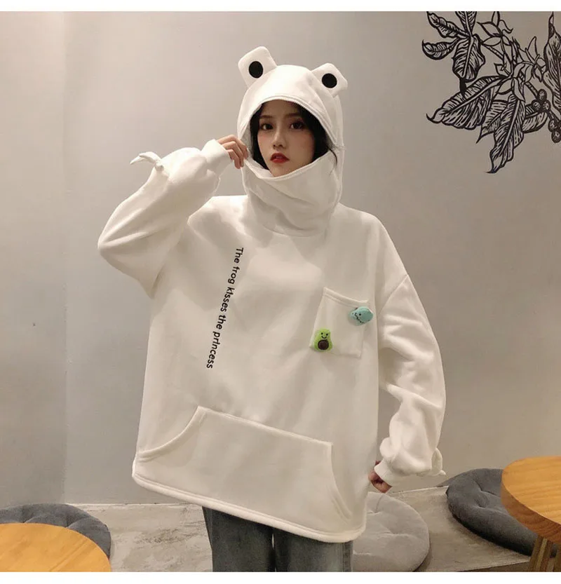 Plus Size Couple Wear Women Hoodie Cute Long-Sleeved Loose Print  Velvet Padded Sweater  High-Necked Frog Head Warm Pullover