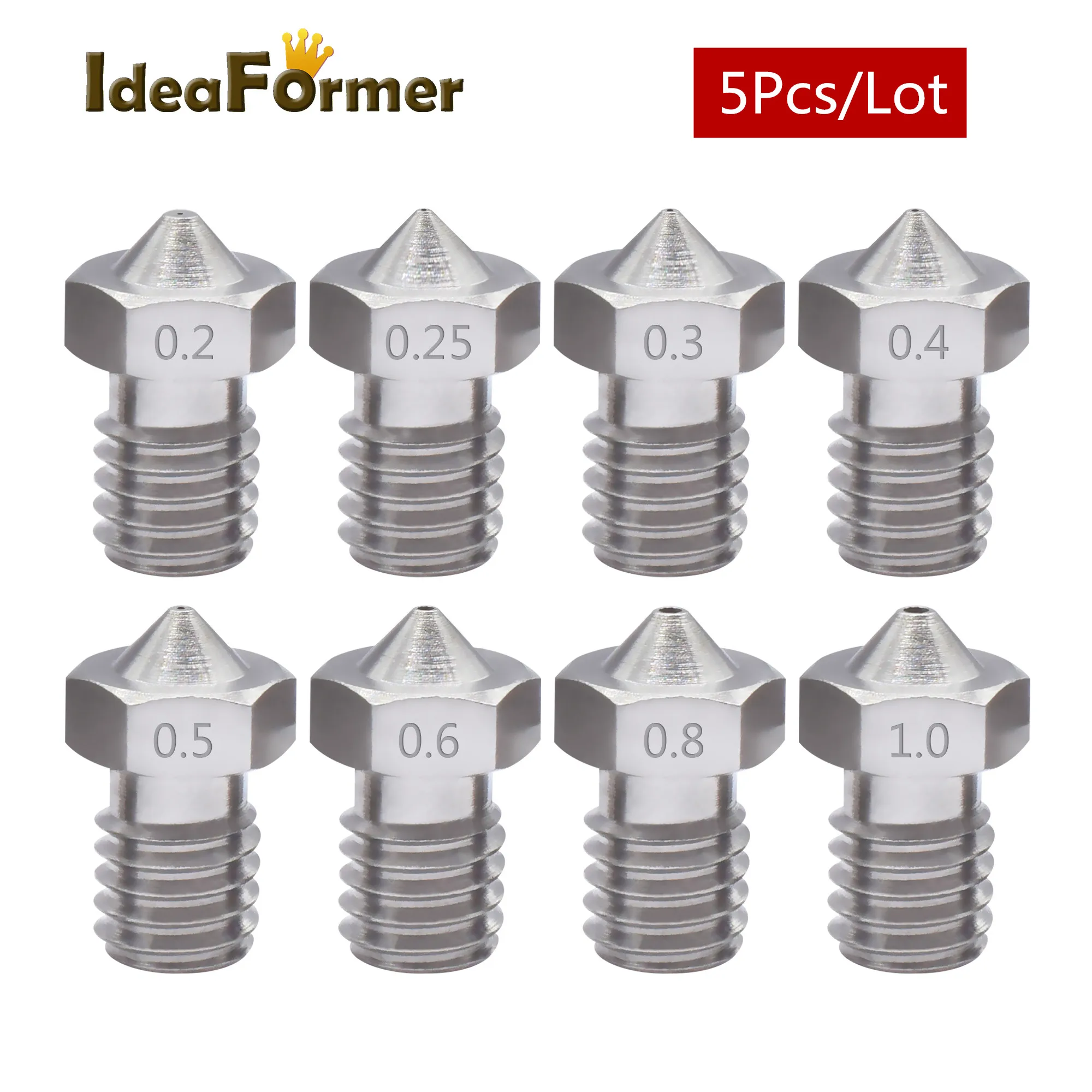 5Pcs Stainless Steel E3D V6 Nozzle M6 Thread 0.2 0.25 0.3 0.4 0.5 0.6 0.8 1.0mm for 3D Printer 1.75/3.0mm Filament V5 V6 Hot End