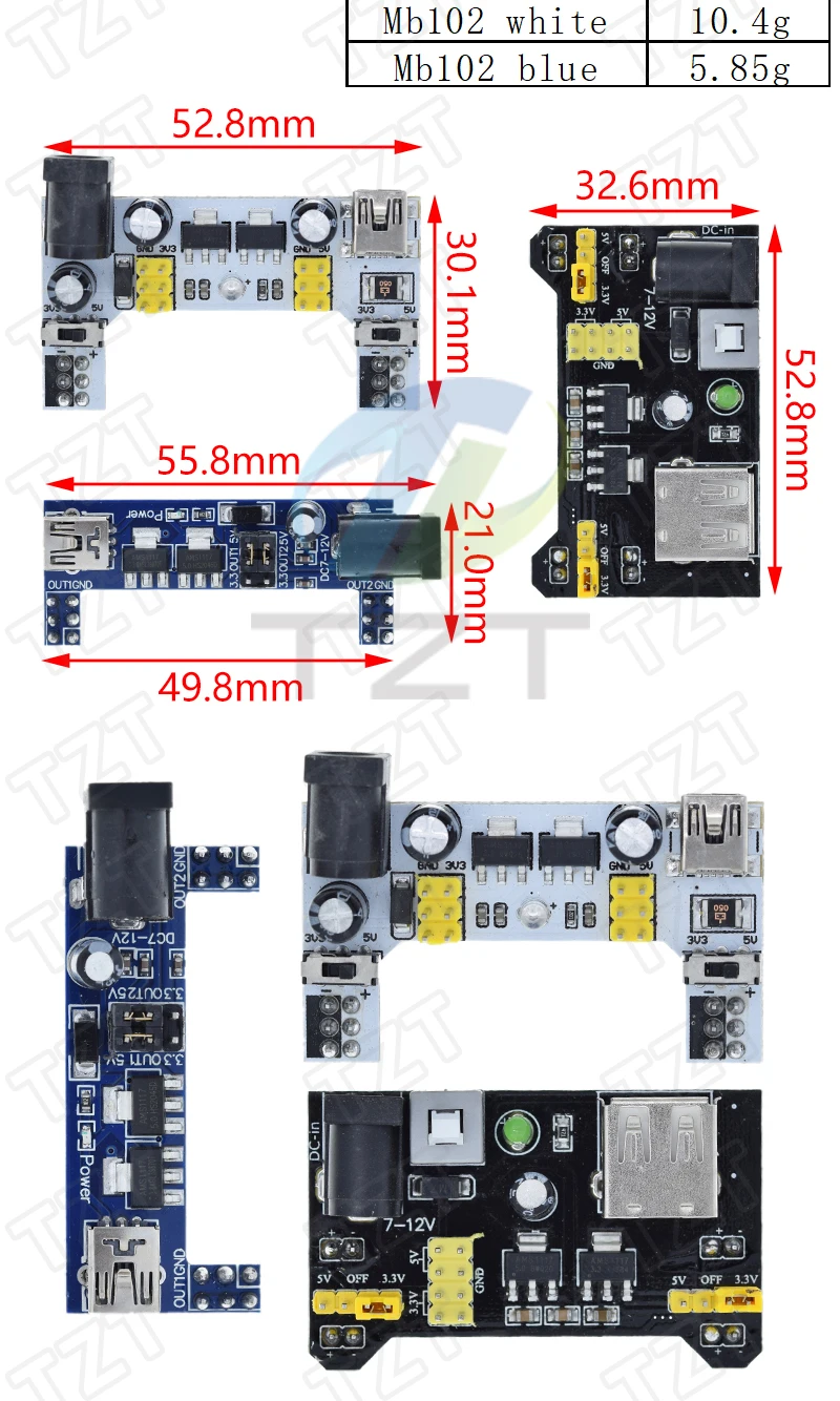 MB102 Breadboard-Stromversorgungsmodul / MB102 Weißes Breadboard-Spezial-Strommodul 2-Wege 3,3V 5V MB-102 Lötfreies Steckbrett – Detail 2