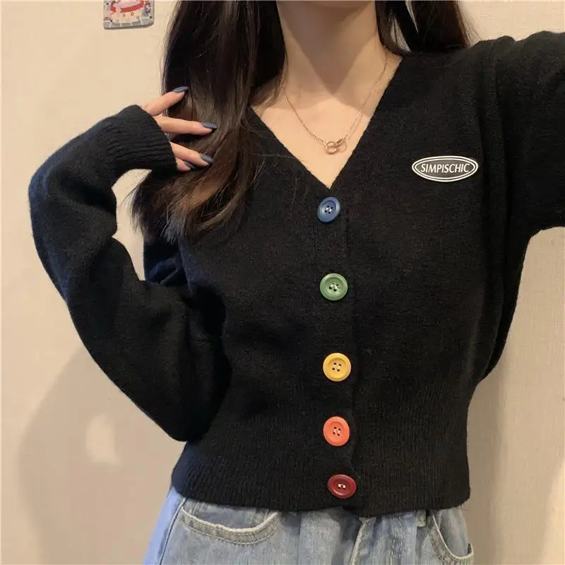 Knit Korean Crop Sweaters Cardigan For Women Oversize Long Sleeve Top Knitwear Autumn Short Outerwear Ladies Clothes V Neck