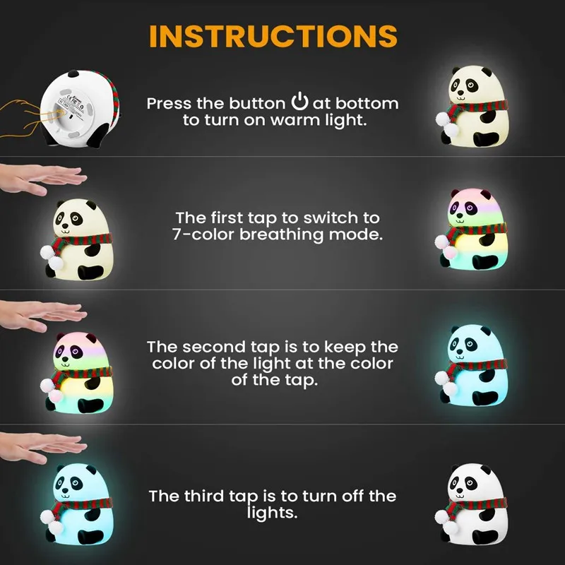 USB Rechargeable 7 Color Changing Panda Night Light Tap Control Nursery Lamp Soft Silicone For Kids Toddlers Bedroom Bedside