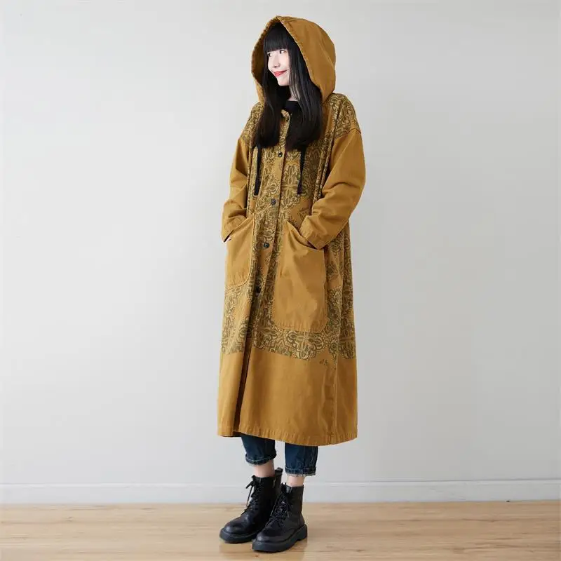 2024 Spring Fall Female Long Trench Coat Loose Vintage Print Denim Cotton Women Hooded Jacket Plain Single Breasted Windbreaker