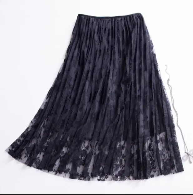 High Waist Lace Skirts Casual Embroidered A-line Pleated Skirt Female Winter Faldas Lining Spring Autumn Mid-Calf Women Skirt